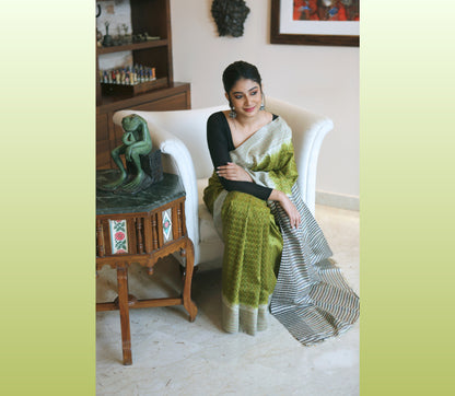 Kantha Stitch on Silk Saree with Jalchuri Pattern - Olive