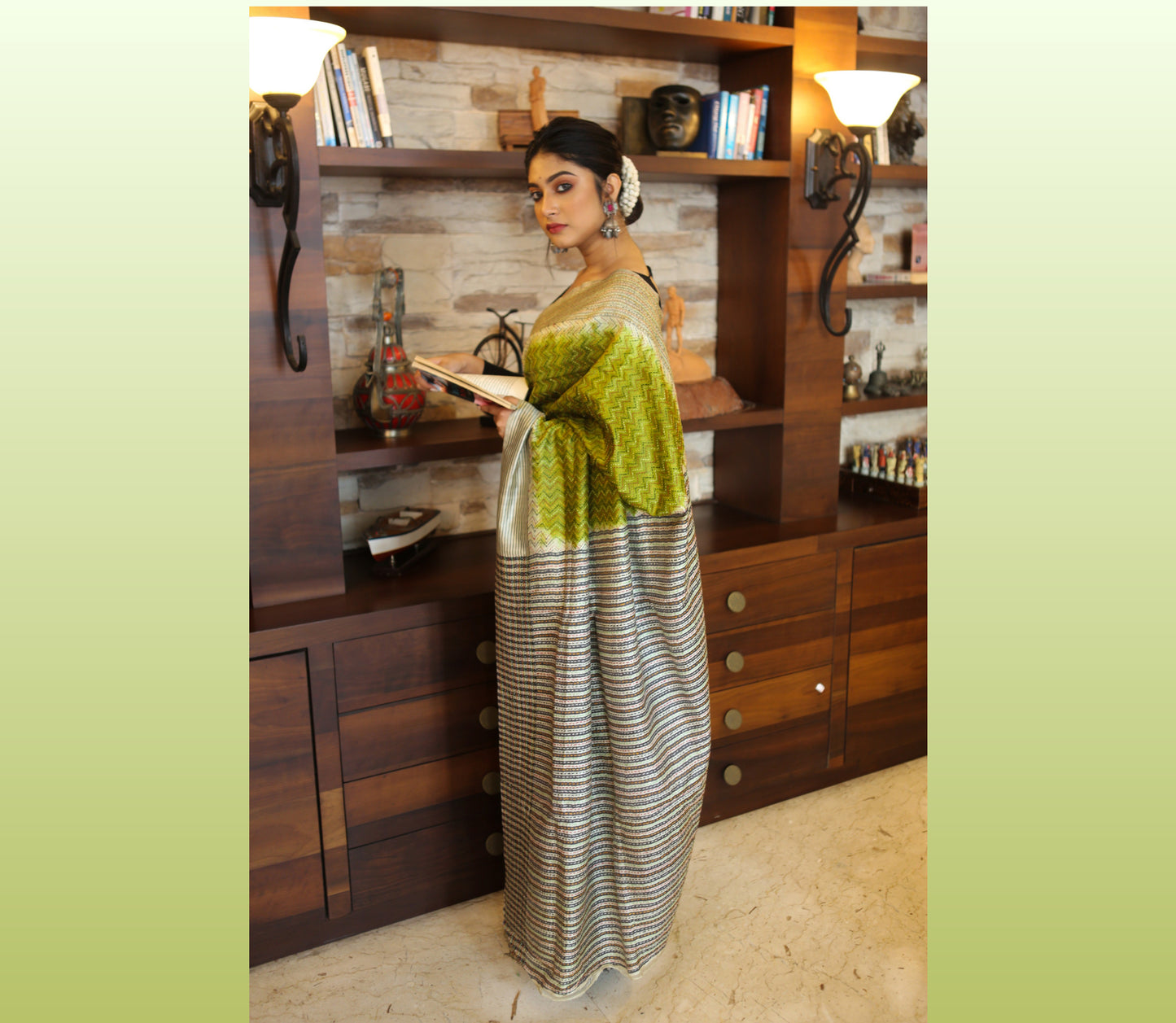 Kantha Stitch on Silk Saree with Jalchuri Pattern - Olive