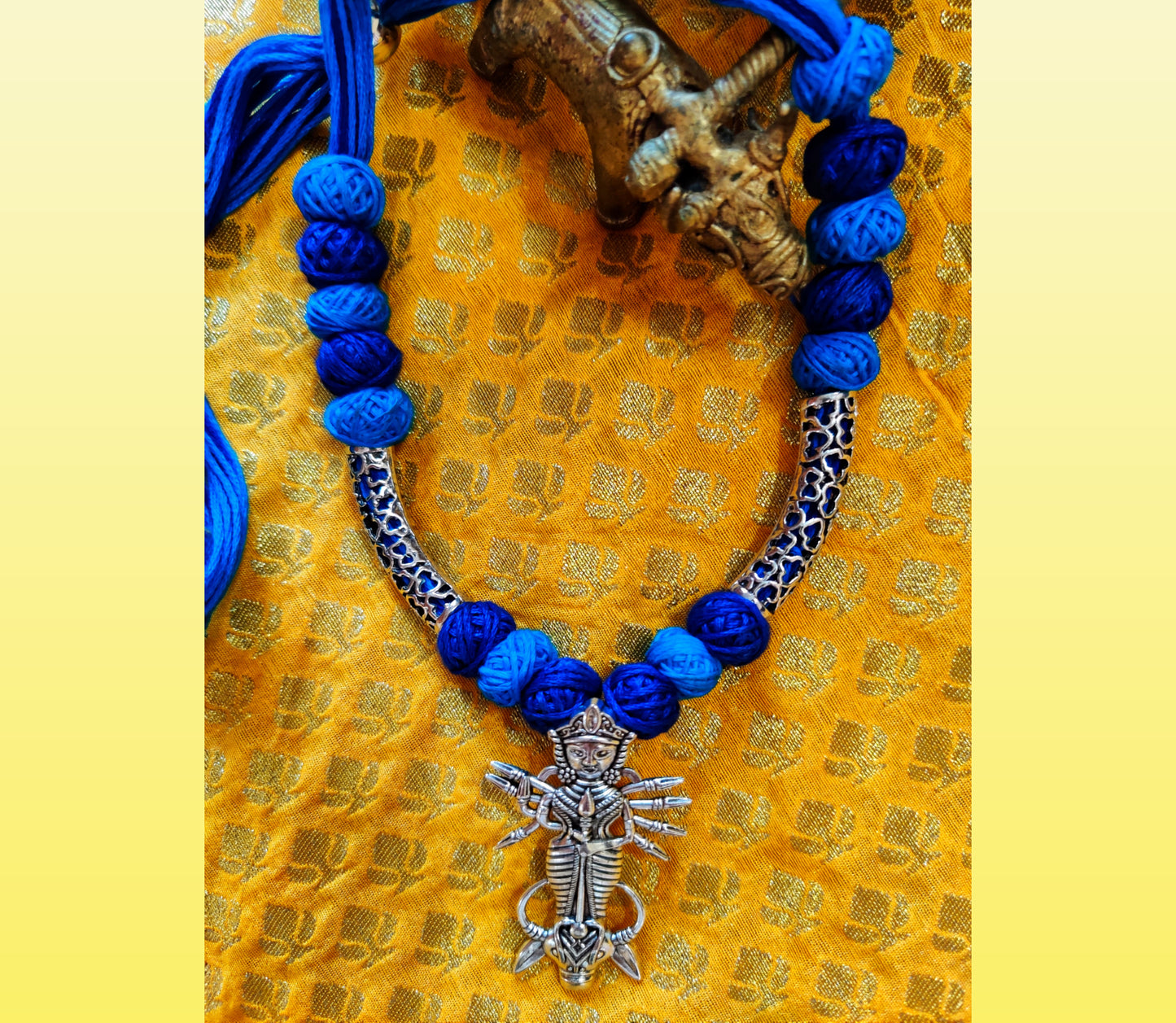 Ethnic Necklace With Durga Pendant - Blue