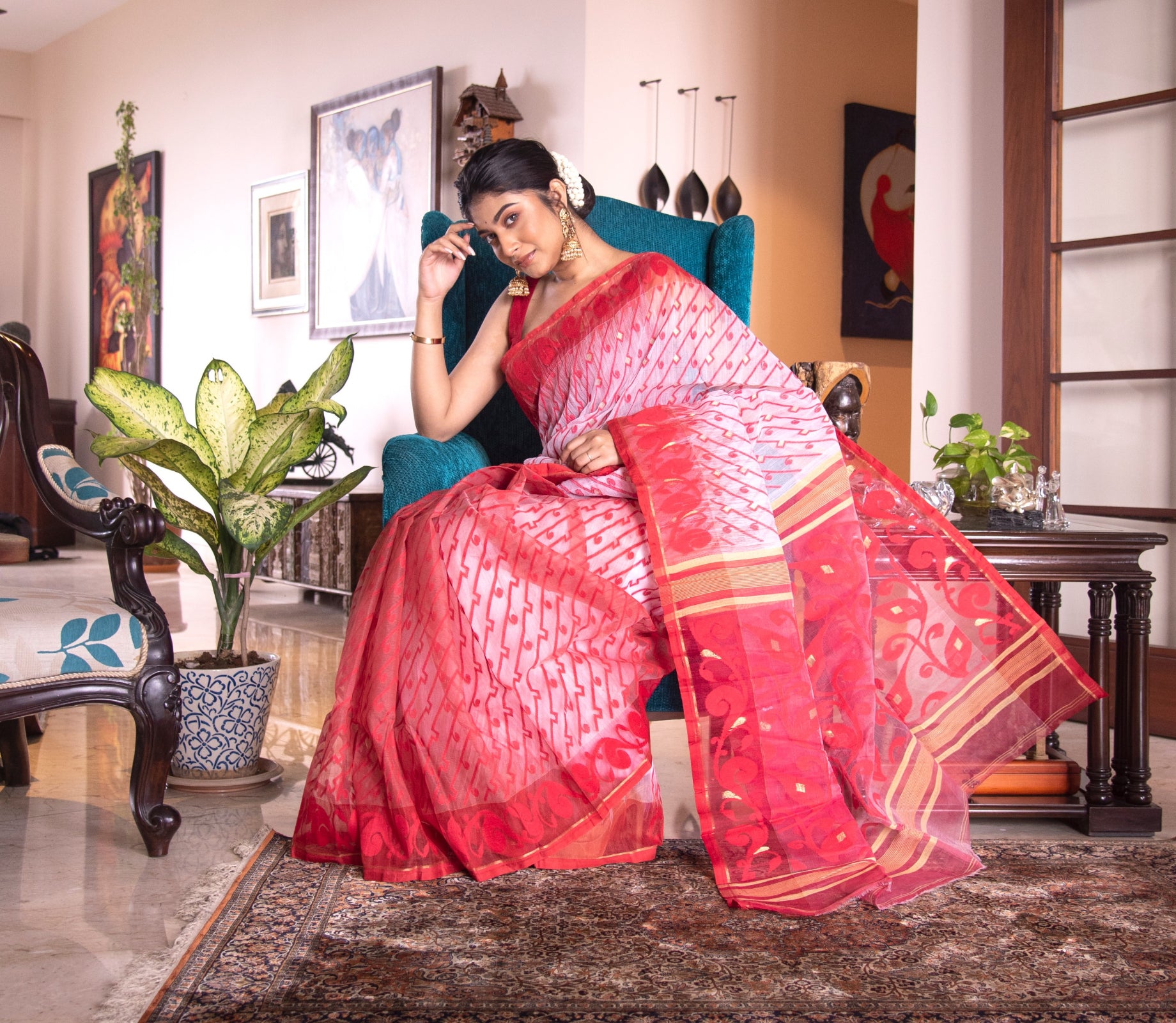 Handloom work on Cotton Silk with Jamdani Anchal Kuchi Design - Red and White - ArtisanSoul