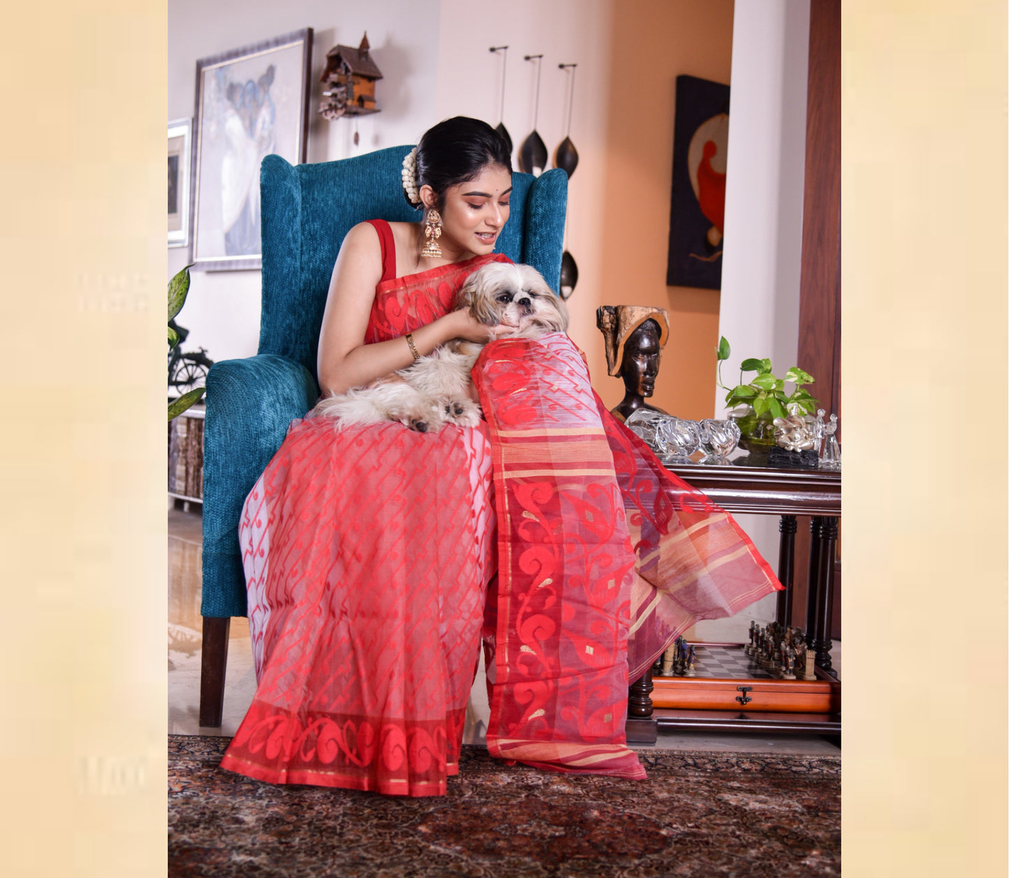 Handloom work on Cotton Silk with Jamdani Anchal Kuchi Design - Red and White - ArtisanSoul