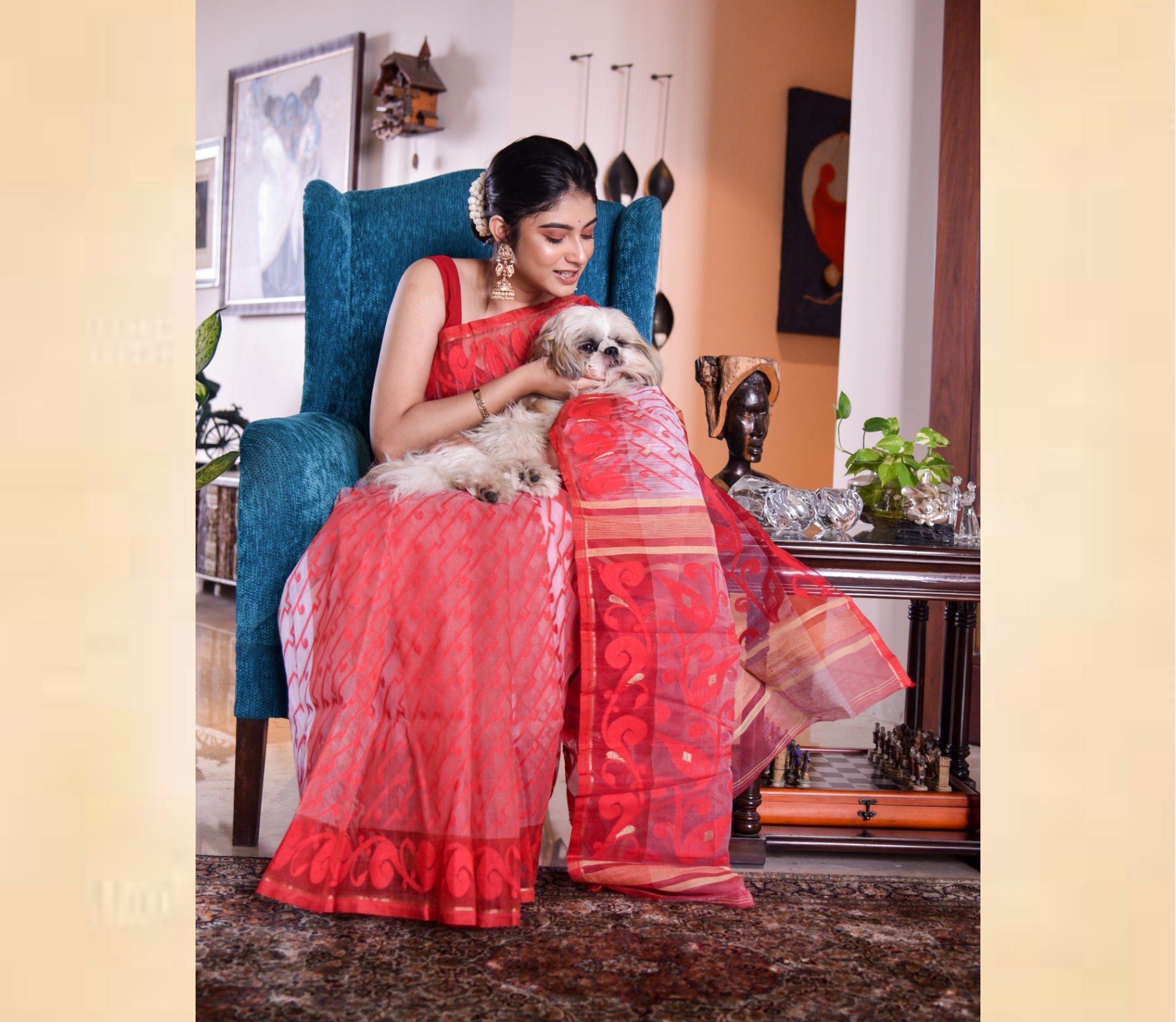 Handloom work on Cotton Silk with Jamdani Anchal Kuchi Design - Red and White - ArtisanSoul
