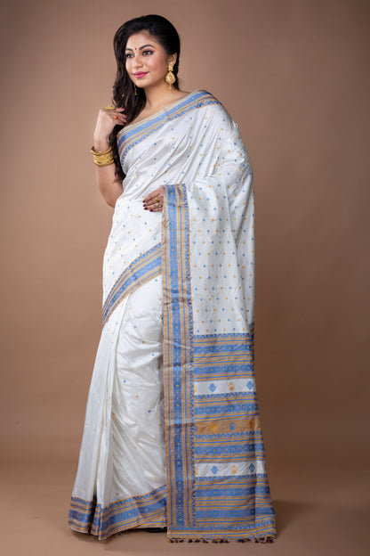 Assam Silk Saree - White with Blue and Yellow thread Work