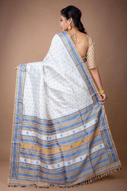 Assam Silk Saree - White with Blue and Yellow thread Work