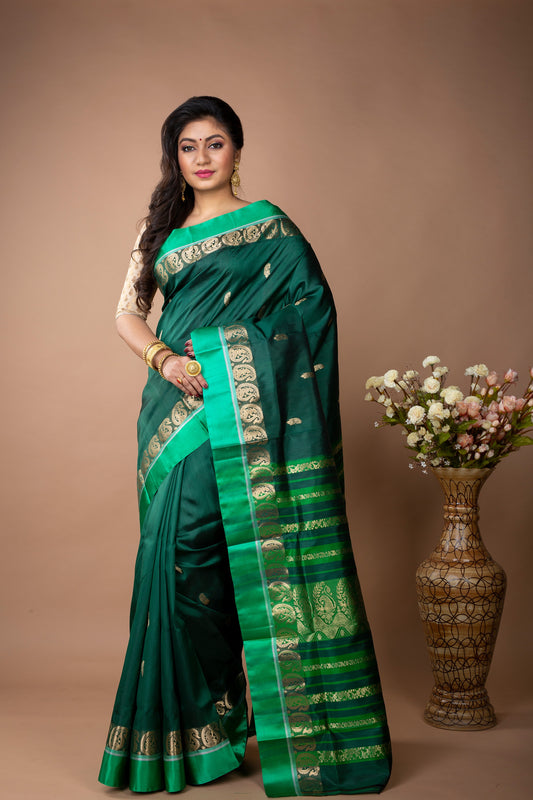 Murshidabad Silk Saree - Zaree Jakard Handloom Garod Saree - Bottle Green - ArtisanSoul