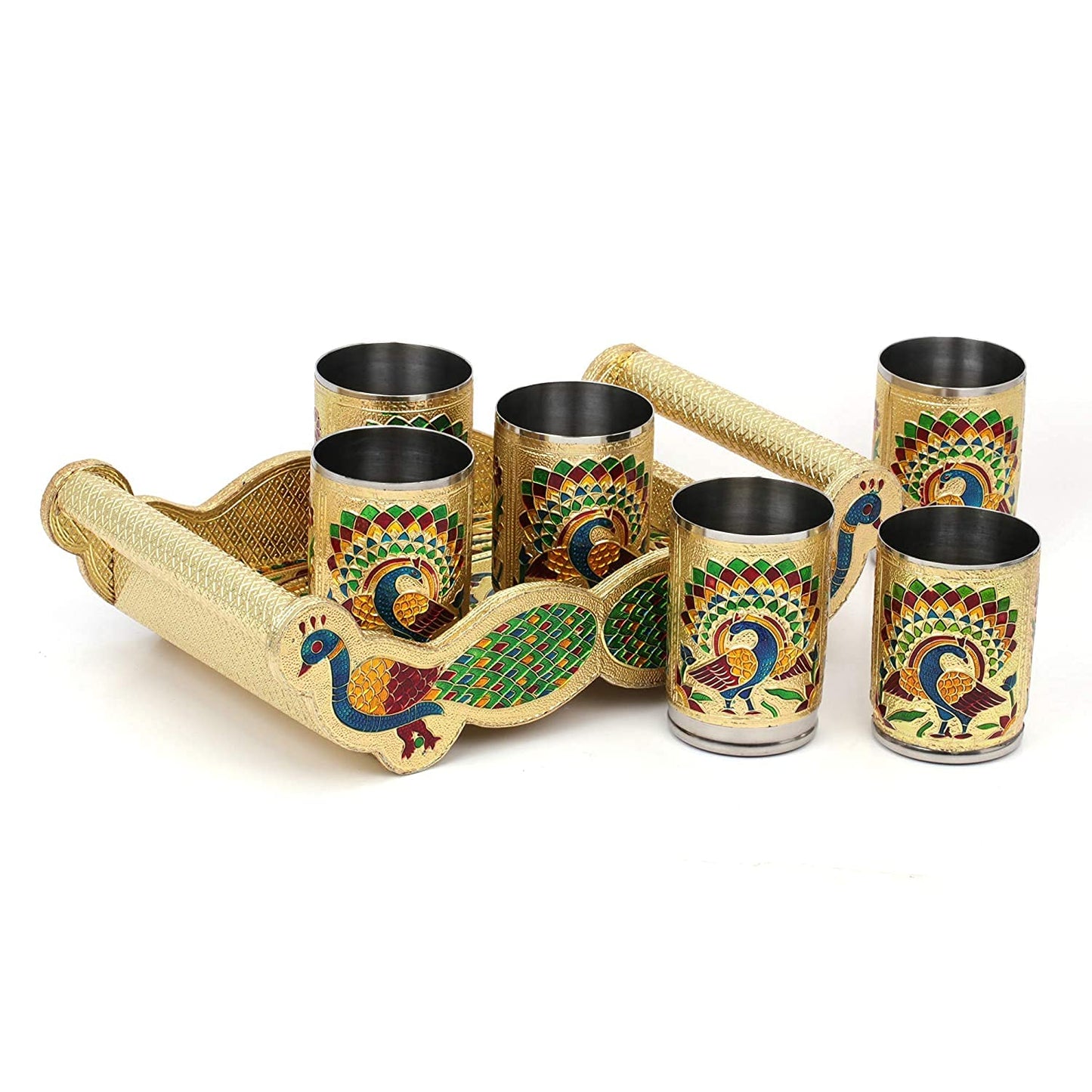 Meenakari Serving Tray and Glass Set from Rajastan