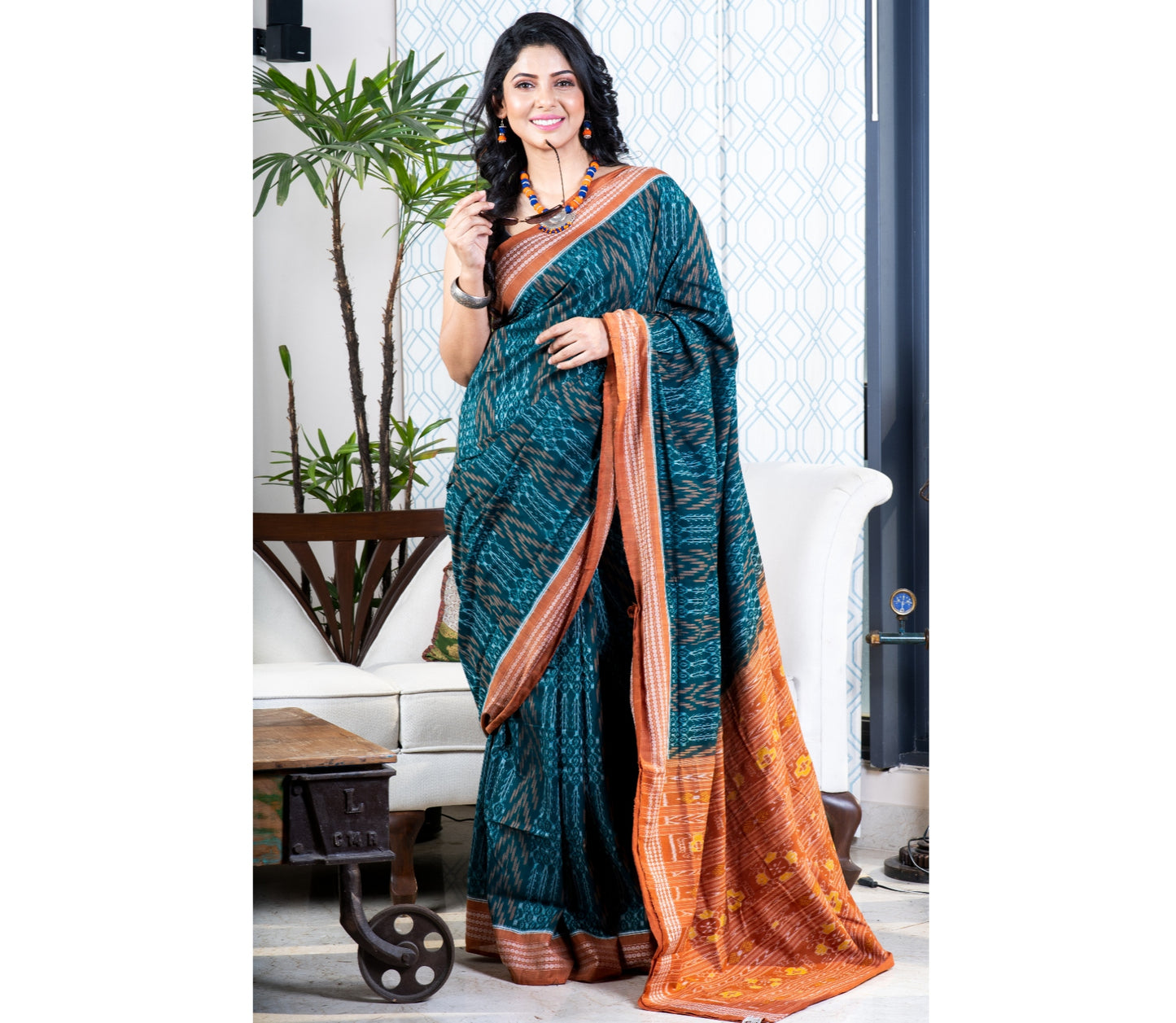 Sambalpuri Saree - Pure Cotton - Green and Ochre - ArtisanSoul