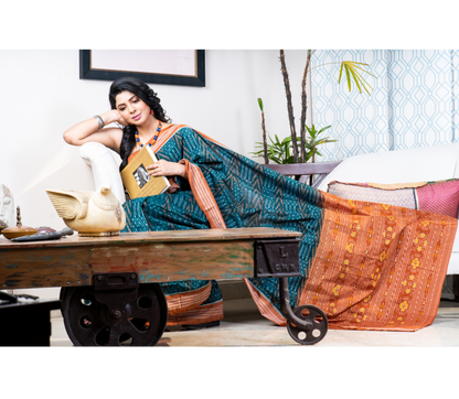 Sambalpuri Saree - Pure Cotton - Green and Ochre - ArtisanSoul