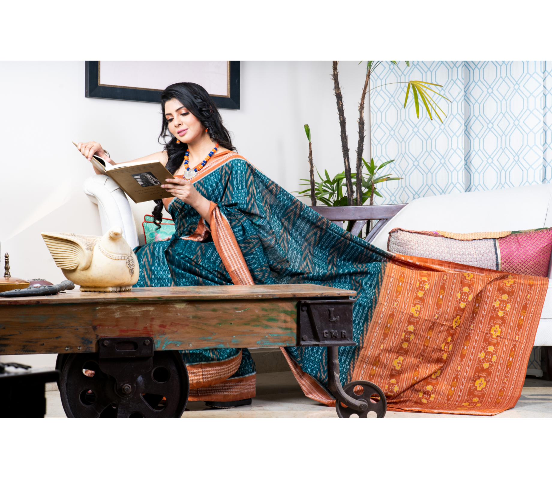Sambalpuri Saree - Pure Cotton - Green and Ochre - ArtisanSoul