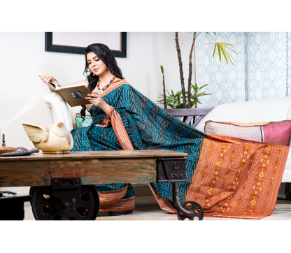 Sambalpuri Saree - Pure Cotton - Green and Ochre - ArtisanSoul