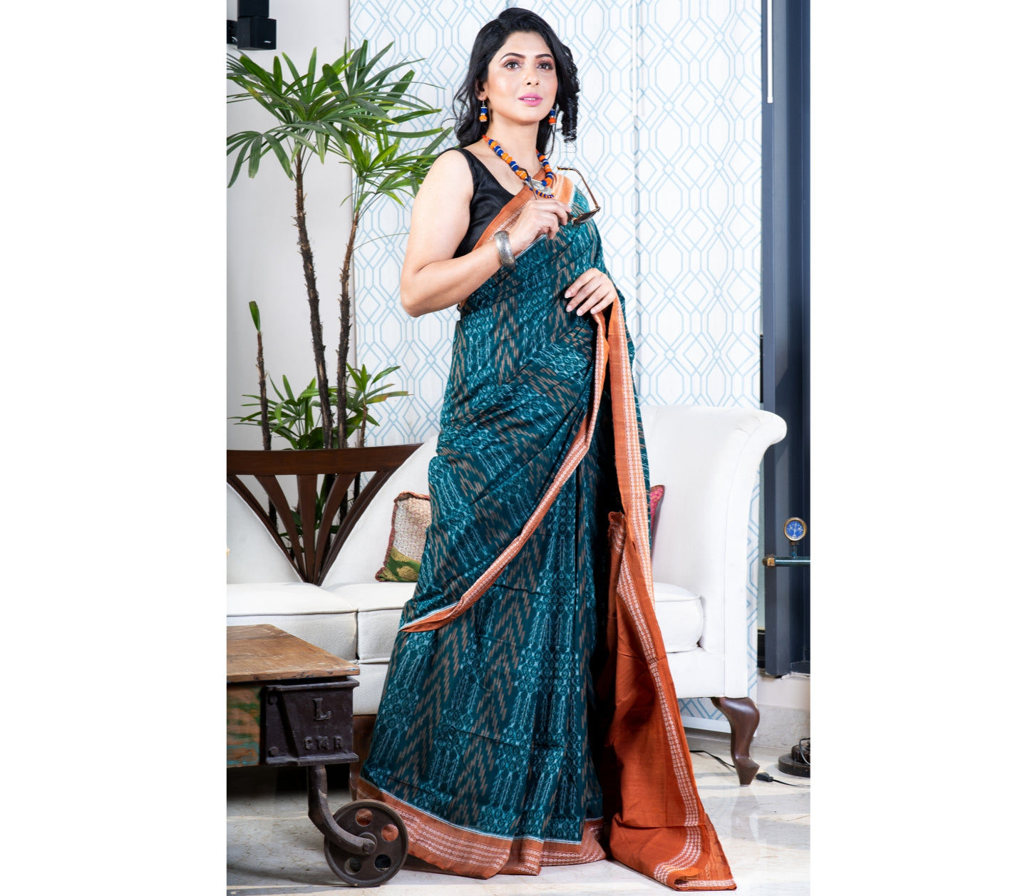 Sambalpuri Saree - Pure Cotton - Green and Ochre - ArtisanSoul