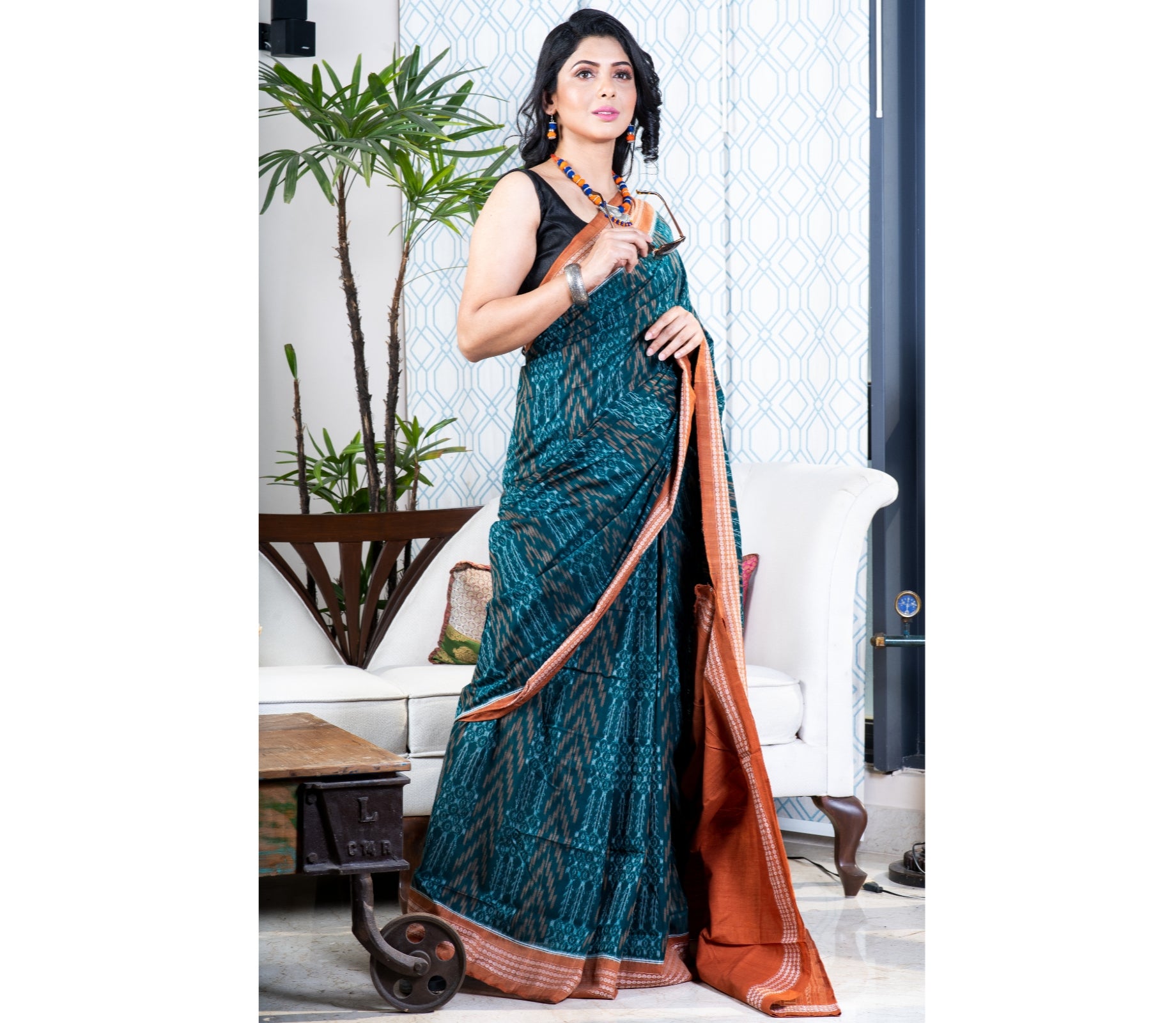 Sambalpuri Saree - Pure Cotton - Green and Ochre - ArtisanSoul