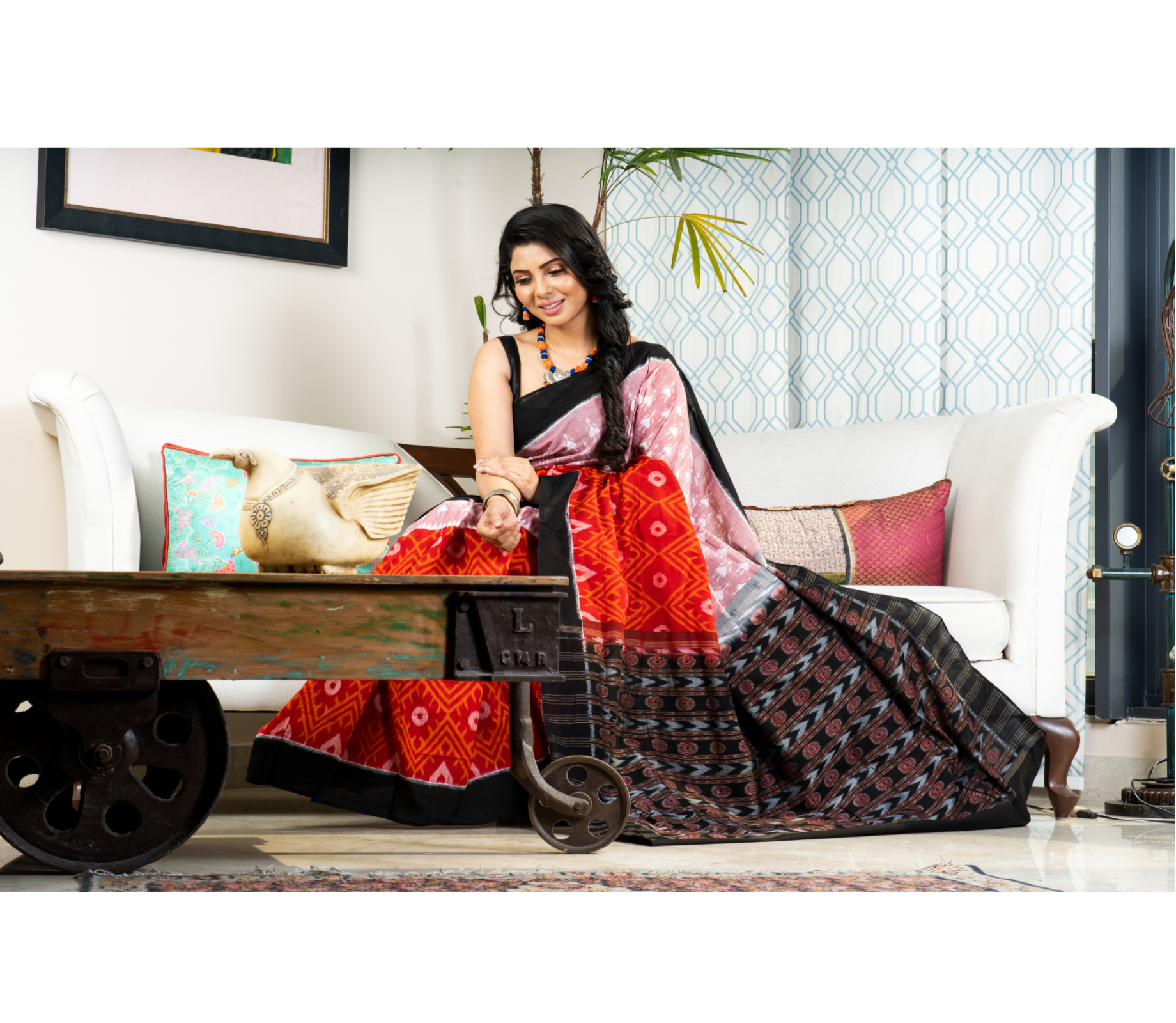 Sambalpuri Saree - Pure Cotton - Red Black & Pink - ArtisanSoul