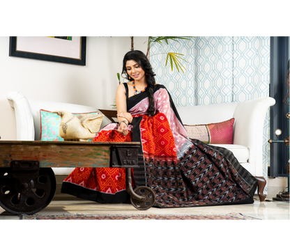 Sambalpuri Saree - Pure Cotton - Red Black & Pink - ArtisanSoul