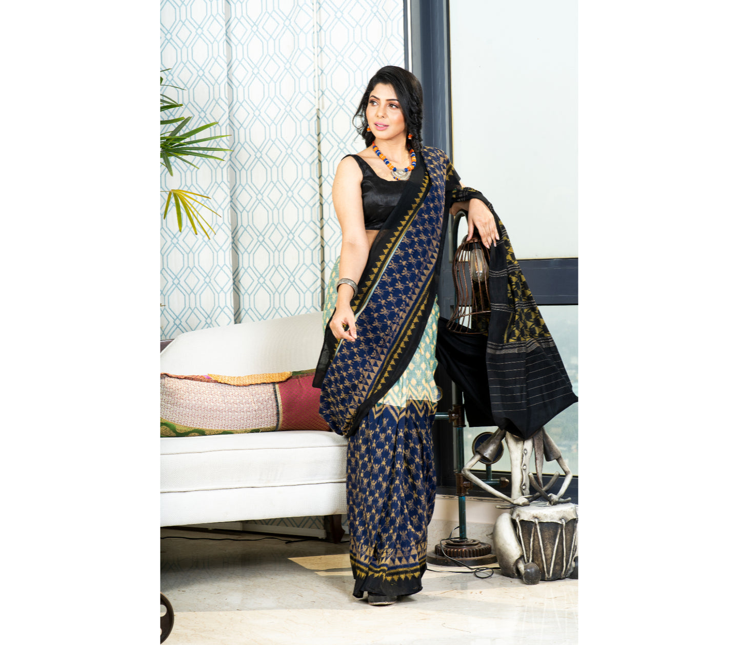 Sambalpuri Saree - Pure Cotton - Blue and Black - ArtisanSoul