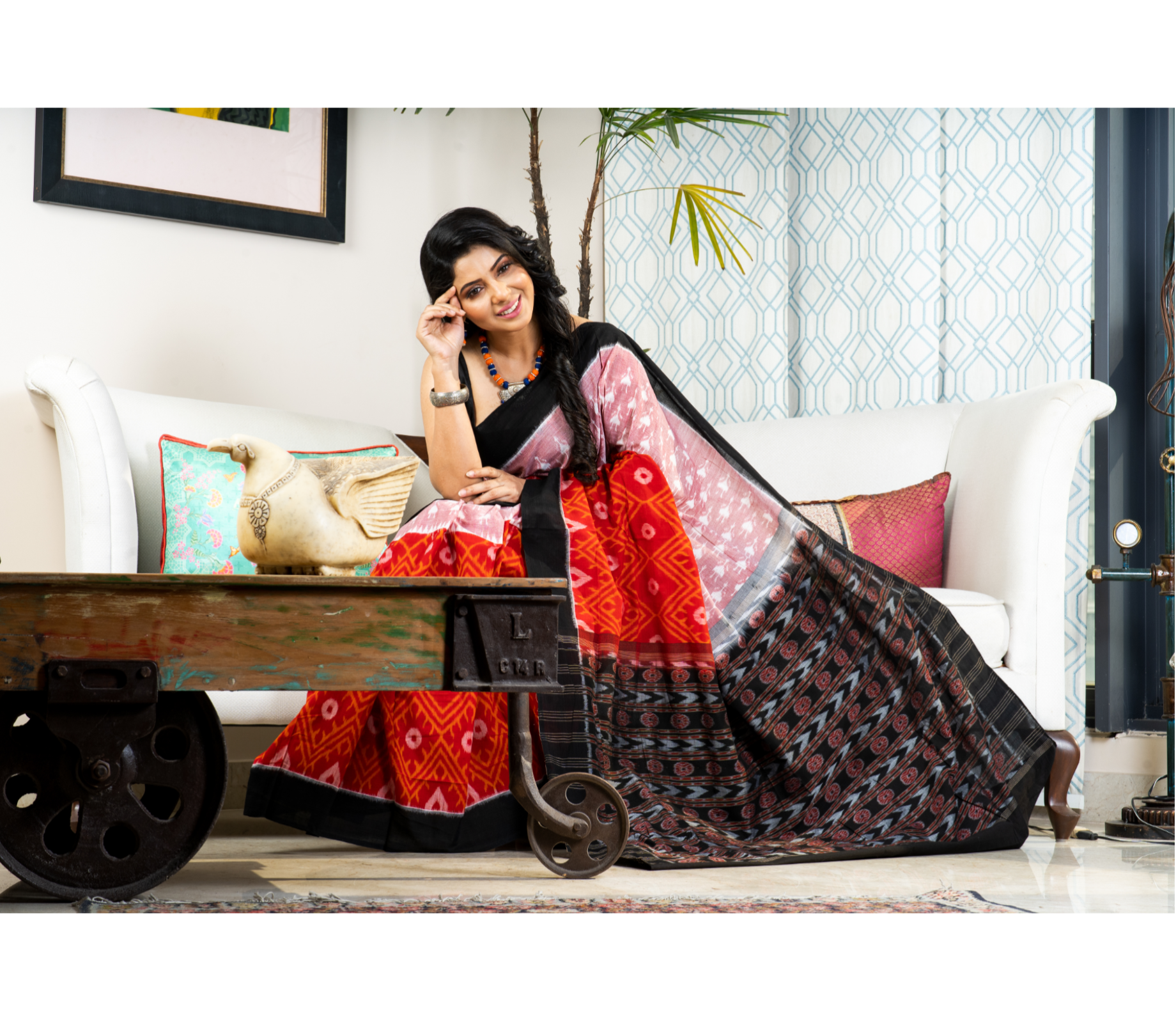Sambalpuri Saree - Pure Cotton - Red Black & Pink - ArtisanSoul