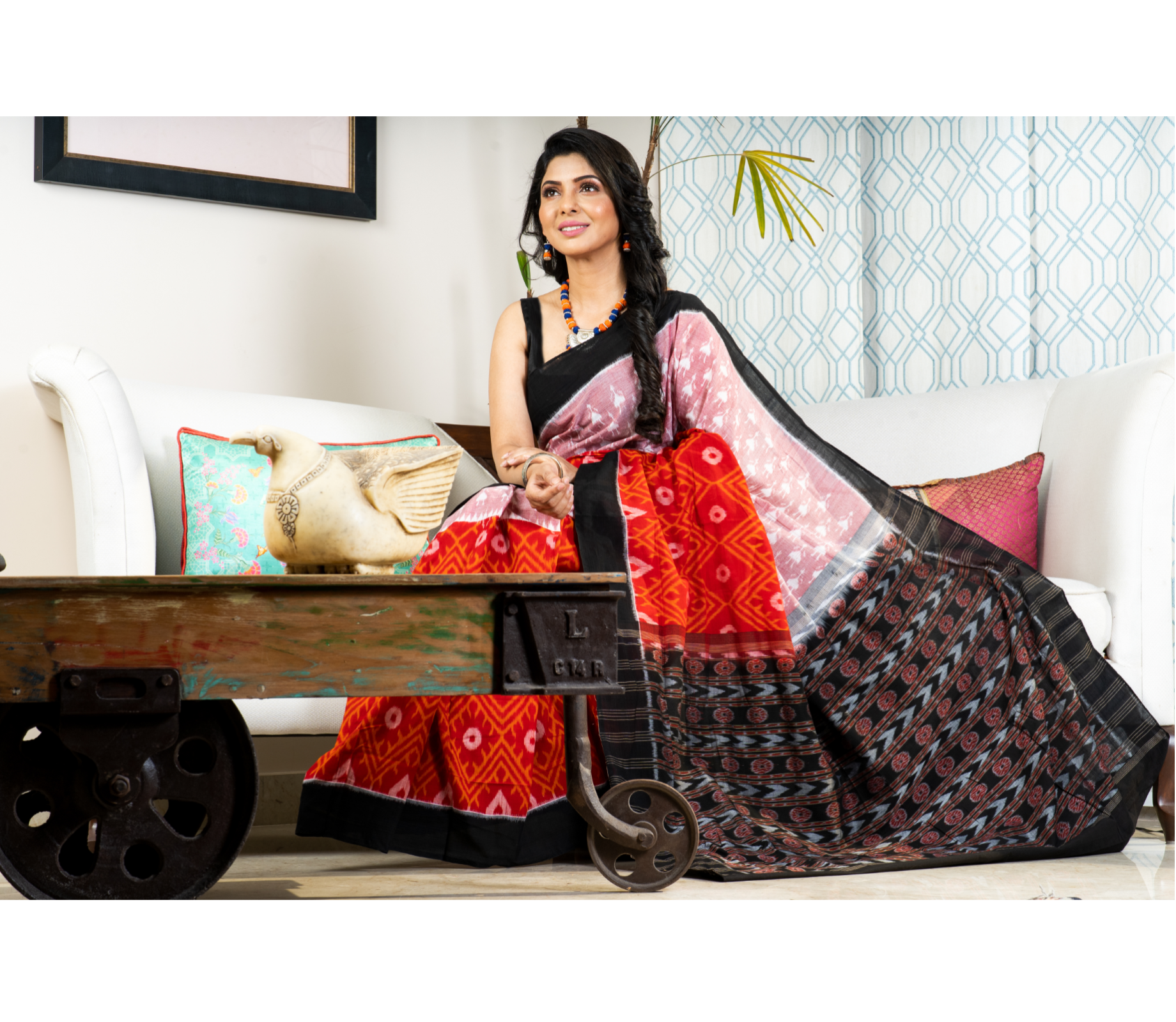 Sambalpuri Saree - Pure Cotton - Red Black & Pink - ArtisanSoul