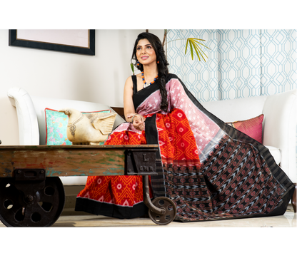 Sambalpuri Saree - Pure Cotton - Red Black & Pink - ArtisanSoul