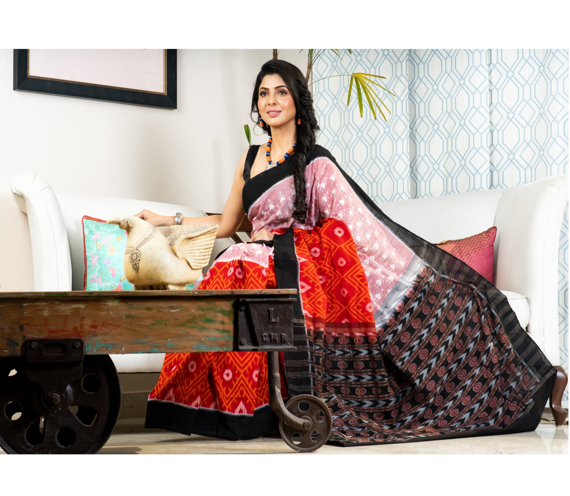 Sambalpuri Saree - Pure Cotton - Red and Black - ArtisanSoul