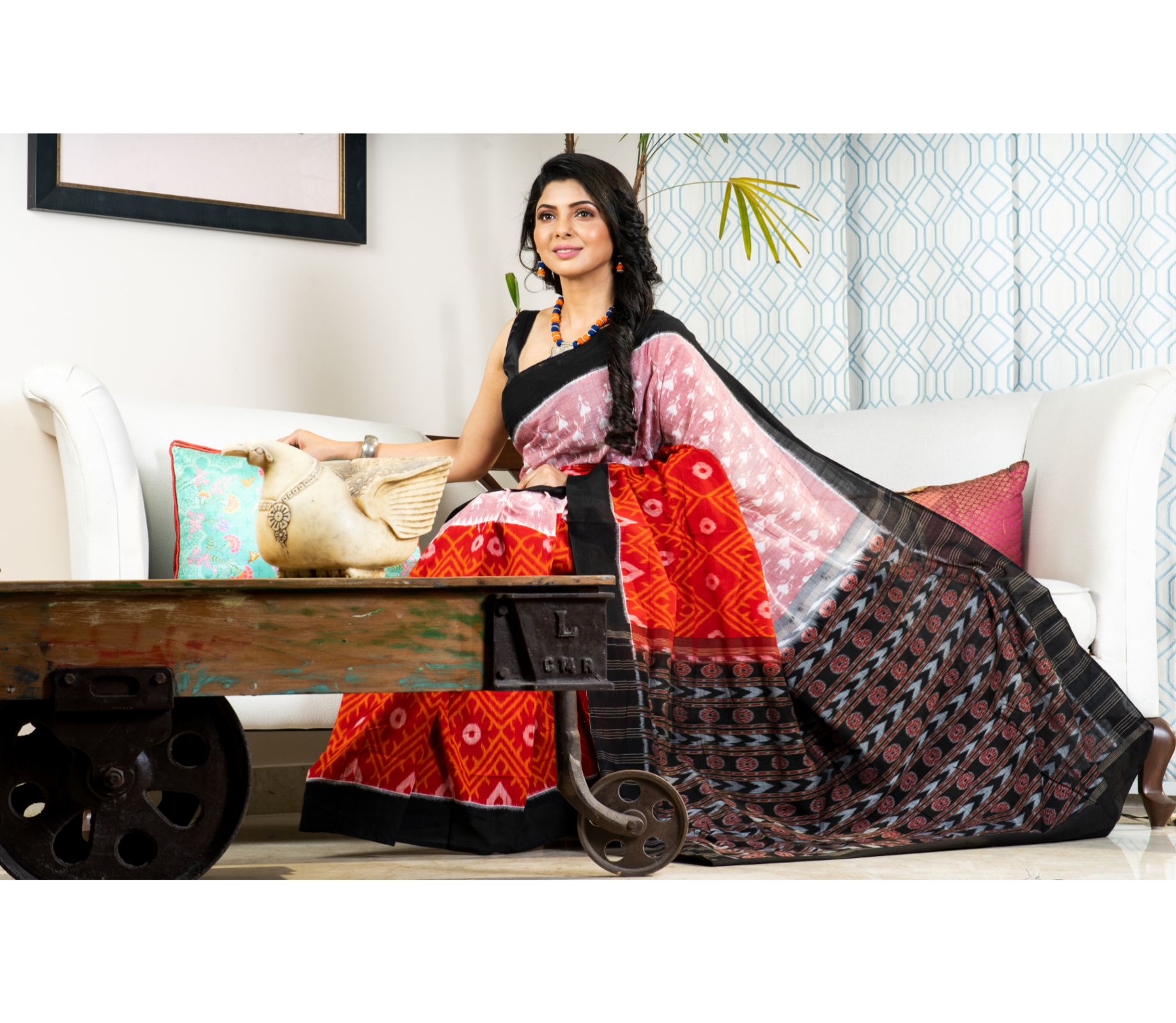 Sambalpuri Saree - Pure Cotton - Red Black & Pink - ArtisanSoul