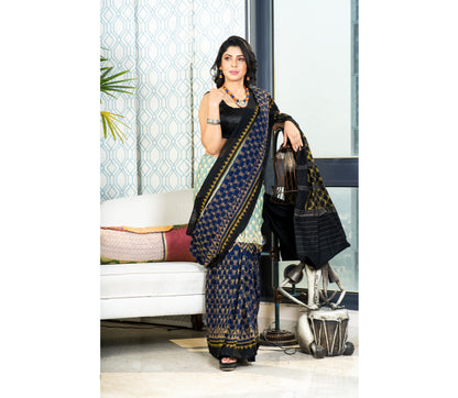 Sambalpuri Saree - Pure Cotton - Blue and Black - ArtisanSoul
