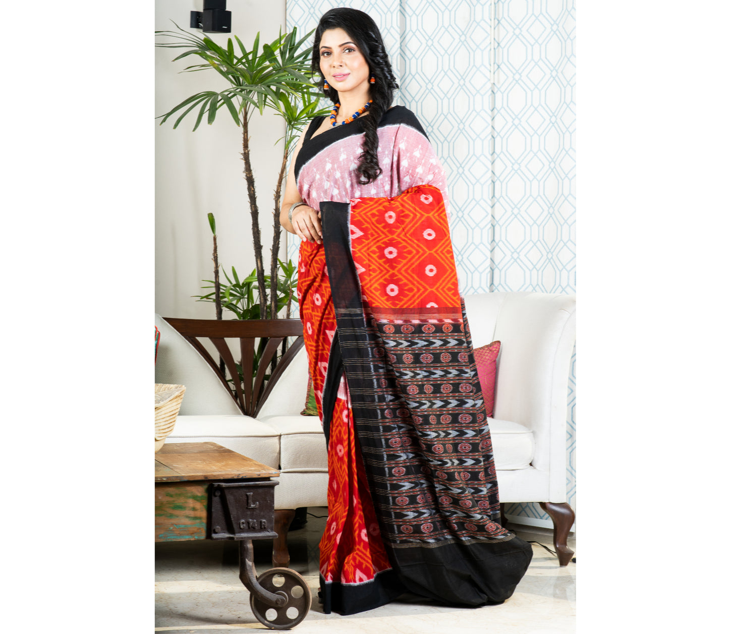Sambalpuri Saree - Pure Cotton - Red and Black - ArtisanSoul
