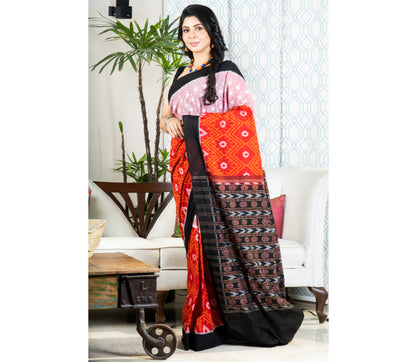 Sambalpuri Saree - Pure Cotton - Red and Black - ArtisanSoul