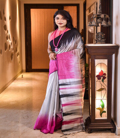 Handloom Ikkat Saree - Black and Pink on Silver - ArtisanSoul